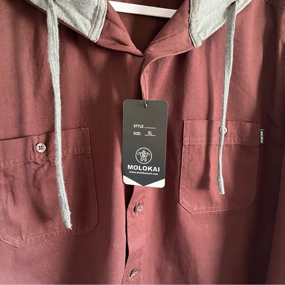 Molokai Surf Co. NWT Hooded Button Up Shirt Jacket Maroon Color Size XL - Picture 4 of 13